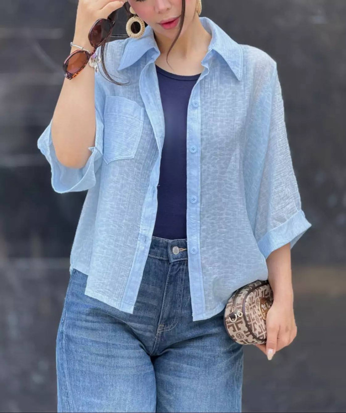 شومیز باکسی شیشه ای نگینی لینن اسلپ 21090