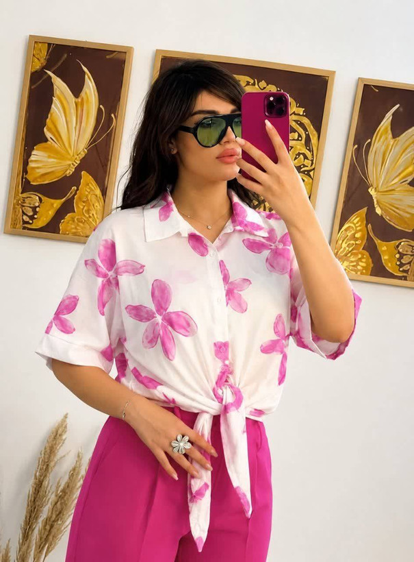 شومیز گره ای بوگاتی طرح گل ابرنگی