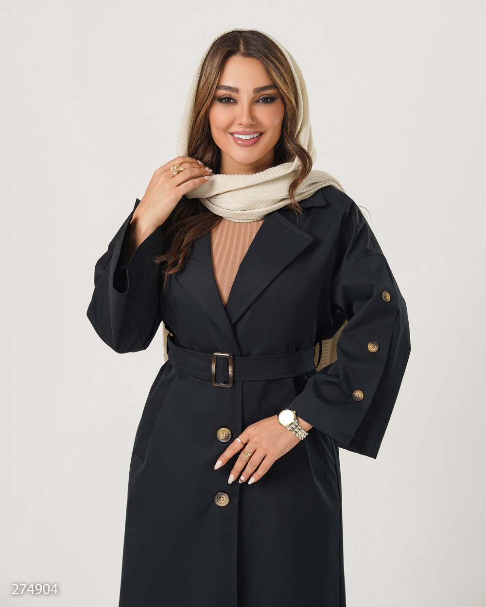بارانی بلند زنانه جنس کتان تی سی استردار یقه انگلیسی _کد۲۷۴۹